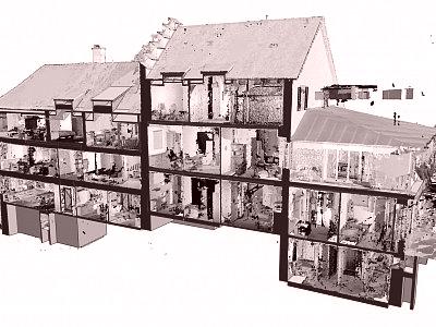 3D-Modell Nebengebäude überlagert mit Punktwolke